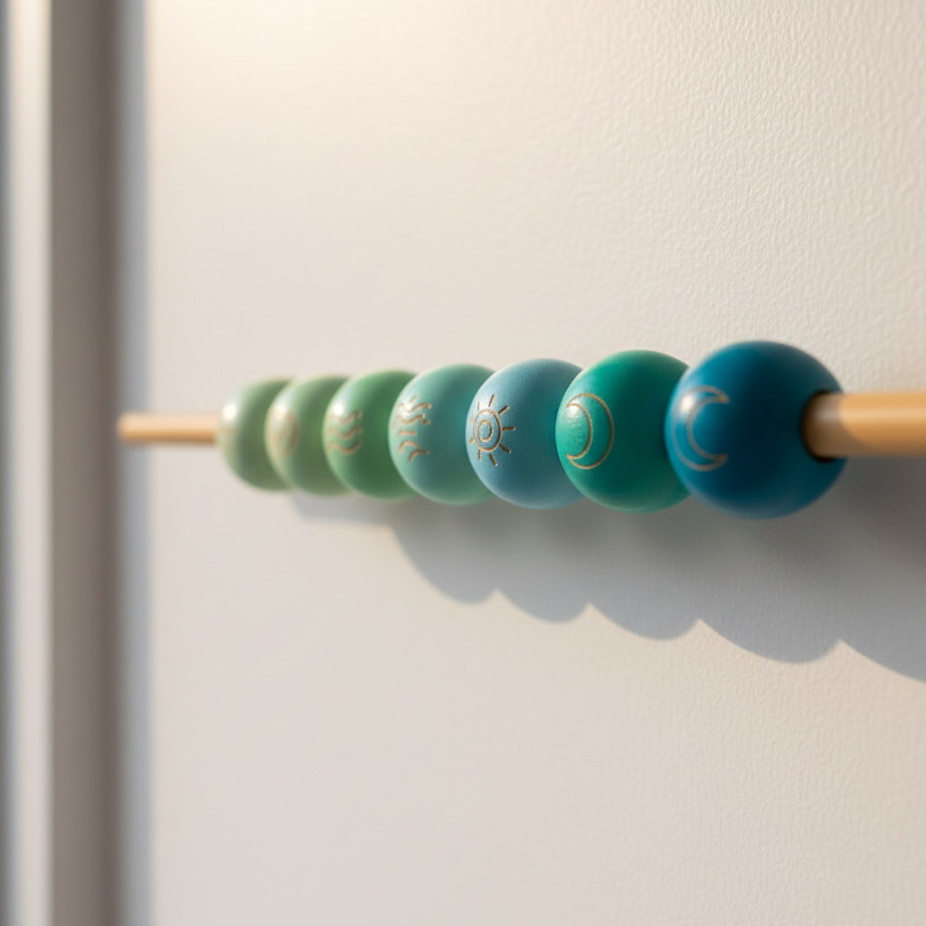 A whimsical, photographic close‑up of a sliding wooden bead scale mounted on a white wall, custom‑crafted for a massage studio. The horizontal rod is smooth bamboo, and the beads are glossy spheres in gradient shades from pale mint to deep turquoise, each etched with subtle symbols like waves, feathers, and spirals to represent different pricing options. One bead sits playfully off to the side, emphasizing flexibility. Gentle late‑afternoon sunlight streams in from a nearby window, creating tiny highlights on the beads and casting soft, curved shadows on the wall. Shot from a slightly low angle with shallow depth of field, the front beads crisp and the rest drifting into a soft blur, the mood is light, friendly, and creative, visually expressing sliding scale in a tactile, artful way.