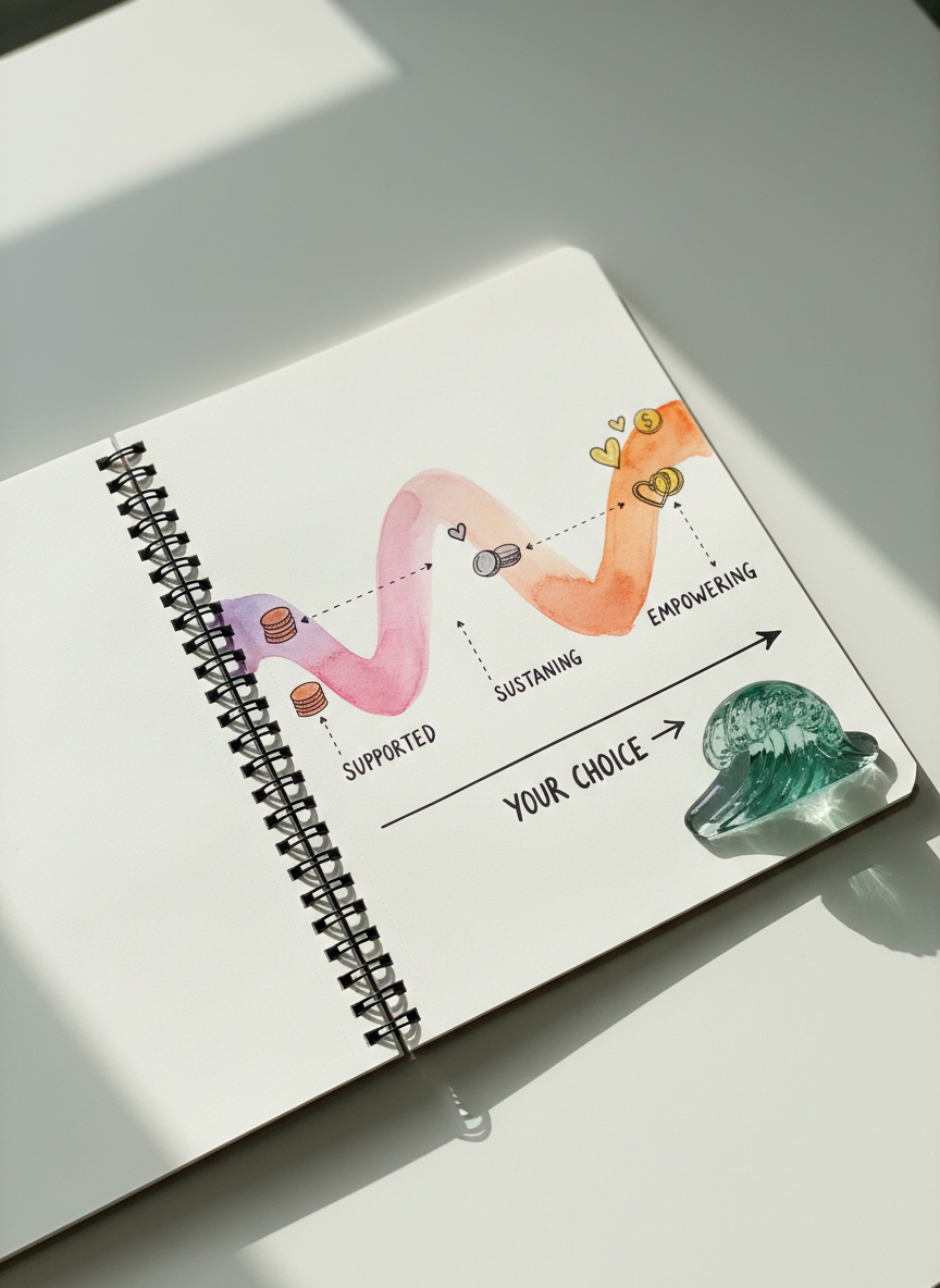 A close‑up of an open, spiral‑bound notebook on a smooth, white desk, its page filled with a playful hand‑drawn sliding scale chart. The chart shows a gently curving line in vibrant watercolor tones transitioning from soft lavender to bright orange, with small doodled icons of coins and hearts along the way. A translucent, sea‑green glass paperweight shaped like a wave anchors the bottom corner of the page. Diffused morning light falls from the left, making the inks and watercolors subtly luminous and casting soft-edged shadows. Photographic realism with a top‑down, bird’s‑eye composition, sharp focus throughout, and a clean, modern aesthetic that communicates transparency and choice in pricing with a fun, artistic twist.